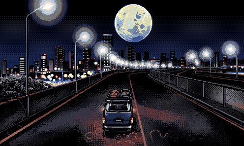 Van driving off into a moonset cityscape